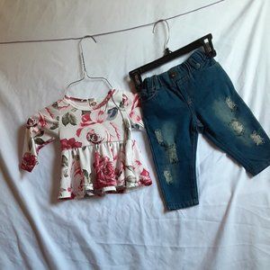Caretoo Floral Top/Ripped Jeans 6-12mos NWT